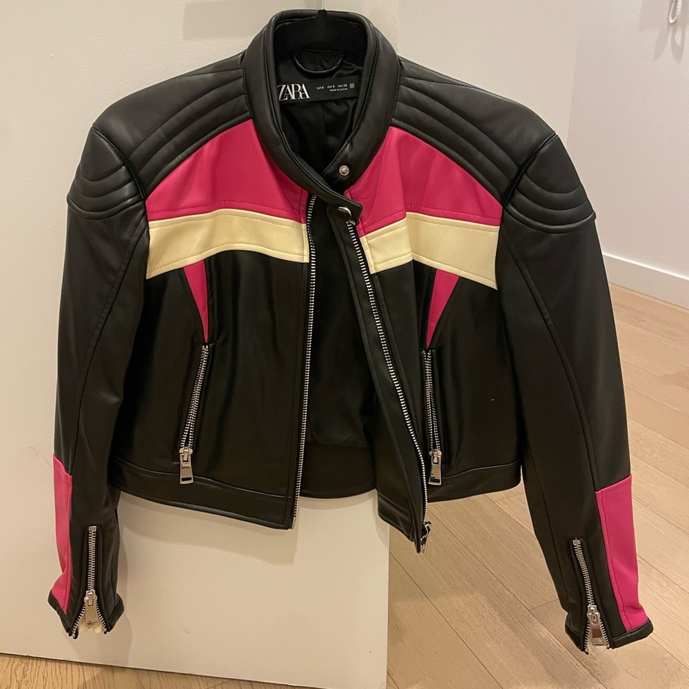 Zara Faux Leather Cropped Moto Style Jacket - Pink and White Detail